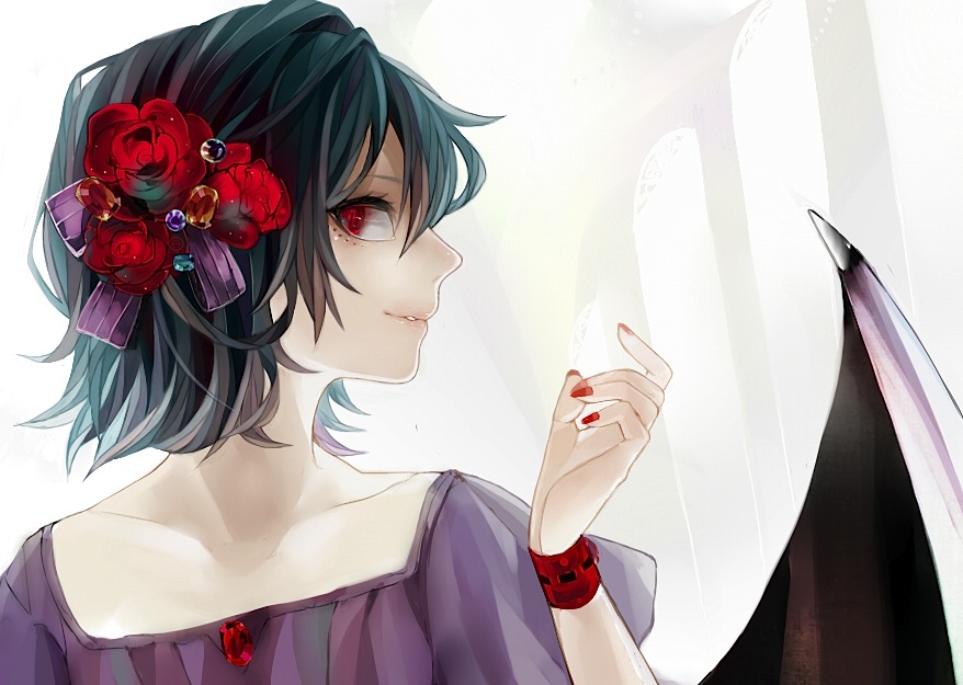 bat_wings, blue_hair, dress, flower, loalo, red_eyes, red_nails, remilia_scarlet
