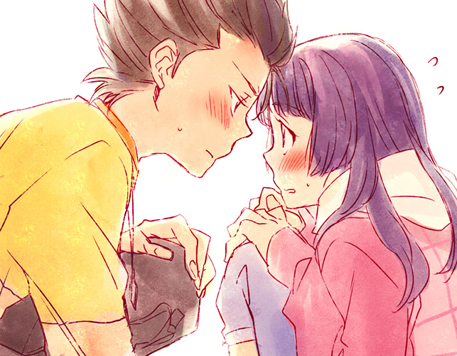 1girl, blush, brown_hair, eye_contact, face-to-face, furuya_kota, furuya_kouta, ginga_e_kickoff!!