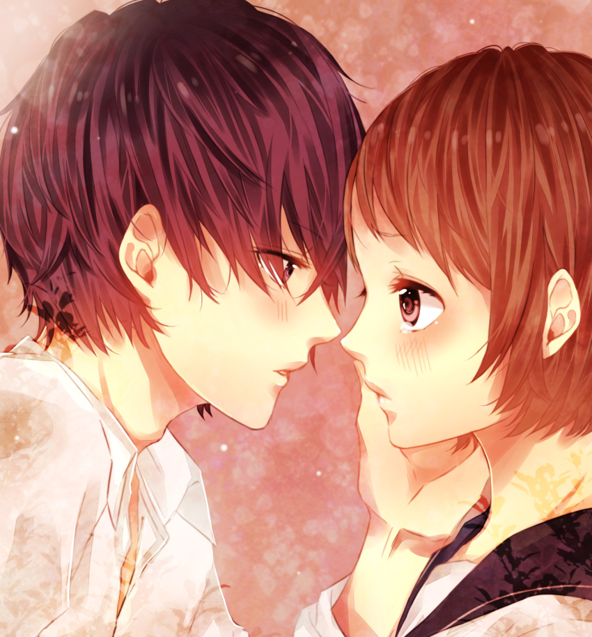 1girl, blush, brown_eyes, brown_hair, couple, eye_contact, hand_on_another's_cheek, hand_on_another's_face, hand_on_another's_cheek, hand_on_another's_face, highres, incipient_kiss, light_particles, looking_at_another, original, parted_lips, portrait, profile, purple_hair, school_uniform, serafuku, short_hair, tears, uri_(dark/lip)