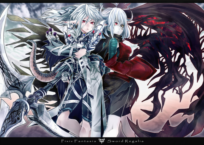angelegna, asuke_yuki, bandage, bandages, black_sclera, detached_sleeves, dragon_girl, dragon_tail