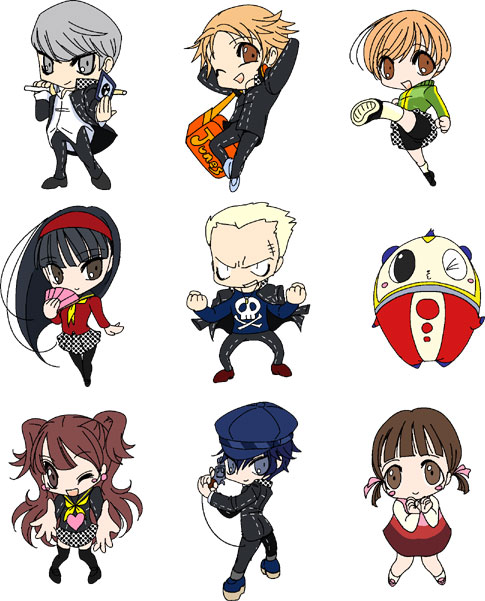 3boys, 5girls, black_hair, blue_eyes, blue_hair, brown_eyes, cabbie_hat, chibi
