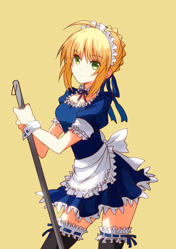 ahoge, apron, black_legwear, blonde_hair, broom, carnival_phantasm, fate/stay_night, fate_(series), garters, green_eyes, hair_ribbon, maid, maid_headdress, ribbon, ryoku_(yoridori), saber, simple_background, solo, thigh-highs, thighhighs, wrist_cuffs, yellow_background