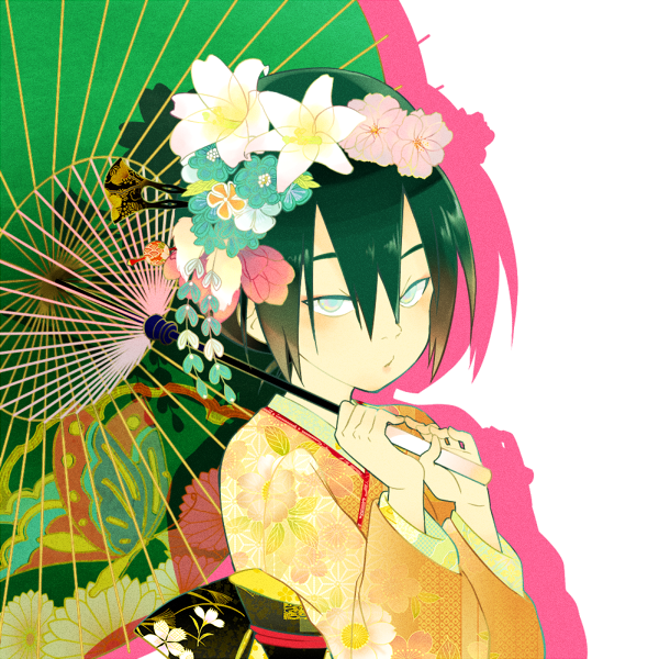 avatar:_the_last_airbender, black_hair, blind, flower, hair_flower, hair_ornament, japanese_clothes, kimono, knknknk, parasol, solo, toph_bei_fong, umbrella
