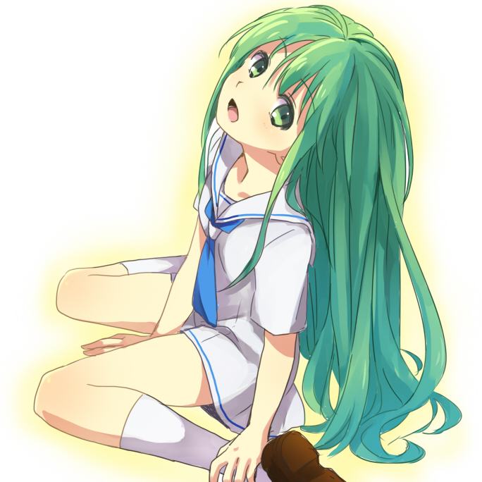 ascot, blush, crossdressinging, dress, enkidu_(fate/strange_fake), fate/strange_fake, fate_(series), green_eyes, green_hair, long_hair, looking_up, male, open_mouth, sanchoume, sitting, solo, trap