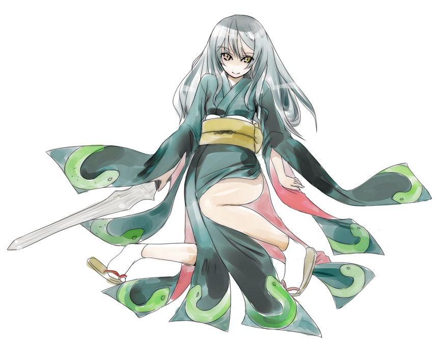 japanese_clothes, long_hair, long_sleeves, looking_at_viewer, original, personification, roadksa, silver_hair, sitting, slippers, smile, snake, socks, solo, sword, sword_of_kusanagi, very_long_hair, weapon, yellow_eyes