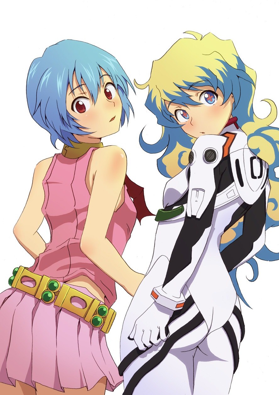 2girls, ass, ayanami_rei, ayanami_rei_(cosplay), blue_hair, cosplay, costume_switch, crossover, highres, isshin, jewelry, multiple_girls, neon_genesis_evangelion, nia_teppelin, nia_teppelin_(cosplay), plugsuit, red_eyes, tengen_toppa_gurren_lagann
