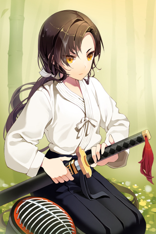 bamboo, brown_hair, checkered, frown, gilse, hair_ribbon, hakama, holding, japanese_clothes, katana, kendo_mask, long_hair, lowres, mask, ponytail, ribbon, seiza, sitting, solo, sword, sword_girls, weapon, yellow_eyes