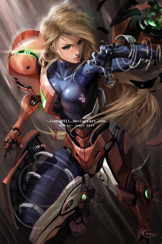 armor, blonde_hair, blue_eyes, bodysuit, breasts, james_ghio, large_breasts, lips, long_hair, metroid, nintendo, ponytail, samus_aran, signature, skin_tight, varia_suit, very_long_hair, watermark, zero_suit