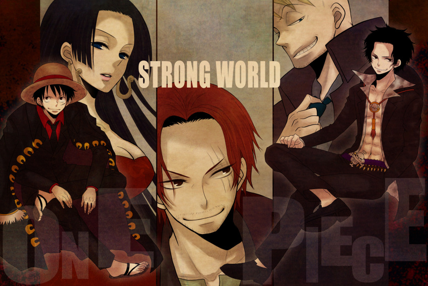 4boys, black_hair, blonde_hair, boa_hancock, breasts, cleavage, earrings, facial_hair