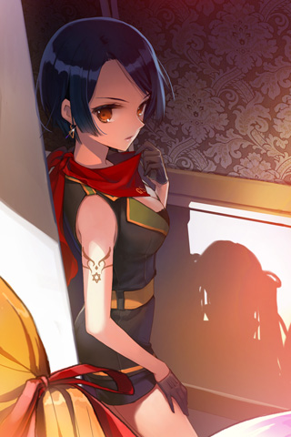 bangs, belt, black_hair, blonde_hair, earrings, gloves, hair_ribbon, holding