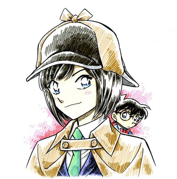 1girl, akb48, akb48_satsujin_jiken, aoyama_goushou, black_hair, blue_eyes, bow, bowtie, cloak, cosplay, crossover, deerstalker, detective, detective_conan, edogawa_conan, glasses, hat, light_smile, looking_at_viewer, maeda_atsuko, marker_(medium), meitantei_conan, necktie, official_art, short_hair, traditional_media