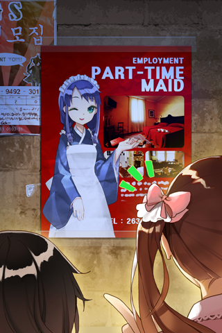 apron, black_hair, bow, brown_hair, green_eyes, hair_bow, japanese_clothes, katie, kimono, long_hair, lowres, maid, maid_headdress, open_mouth, outstretched_hand, pointing, poster, poster_(object), purple_hair, ribbon, salt_(salty), seron, short_hair, sita_vilosa, smile, sword_girls, twintails, wink
