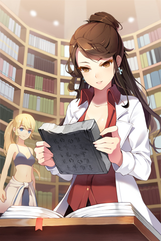 blue_eyes, book, bookshelf, brown_eyes, brown_hair, collarbone, gilse, hair_bun