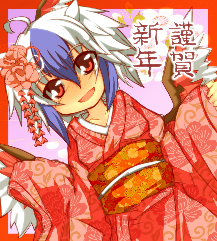 ahoge, alternate_costume, bird_wings, blue_hair, blush, collarbone, floral_print, flower