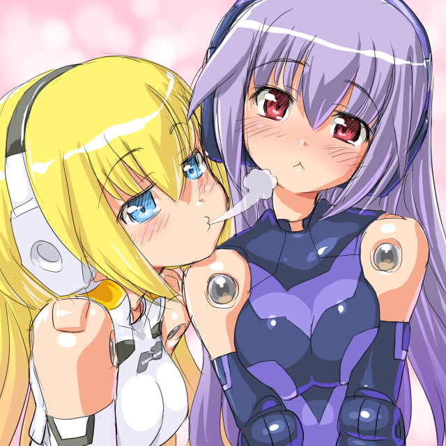 :<, arnval, arnval_mk2, arnval_mk2_tempesta, bare_shoulders, blonde_hair, blowing, blush