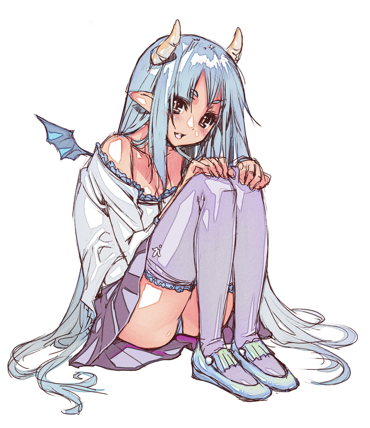 bare_shoulders, bat_wings, blue_eyes, blush, breasts, brown_eyes, cleavage, copyright_request, demon_girl, horns, long_hair, looking_at_viewer, panties, pantyshot, pantyshot_(sitting), pantyshot_sitting, pointy_ears, purple_legwear, simple_background, sitting, skirt, smile, solo, takada_kazuhiro, thigh-highs, thighhighs, underwear, upskirt, very_long_hair, white_background, wings