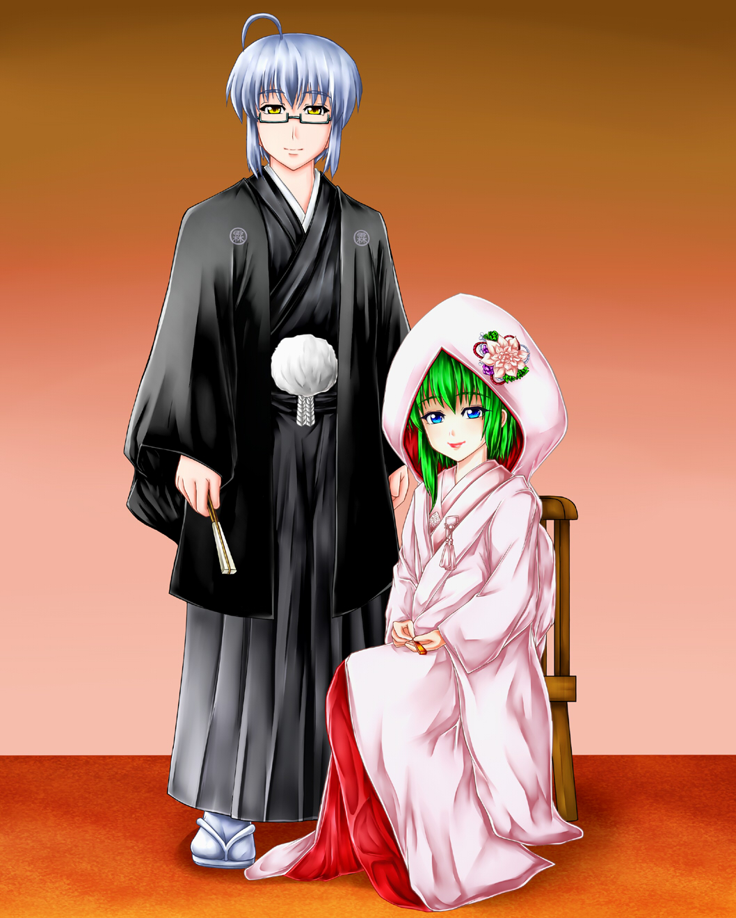 1girl, ahoge, blue_eyes, chair, couple, fan, flower, glasses, green_hair, hakama, haori, highres, japanese_clothes, kimono, lipstick, makeup, mannen_ao, morichika_rinnosuke, shikieiki_yamaxanadu, short_hair, silver_hair, sitting, smile, touhou, uchikake, wedding, yellow_eyes
