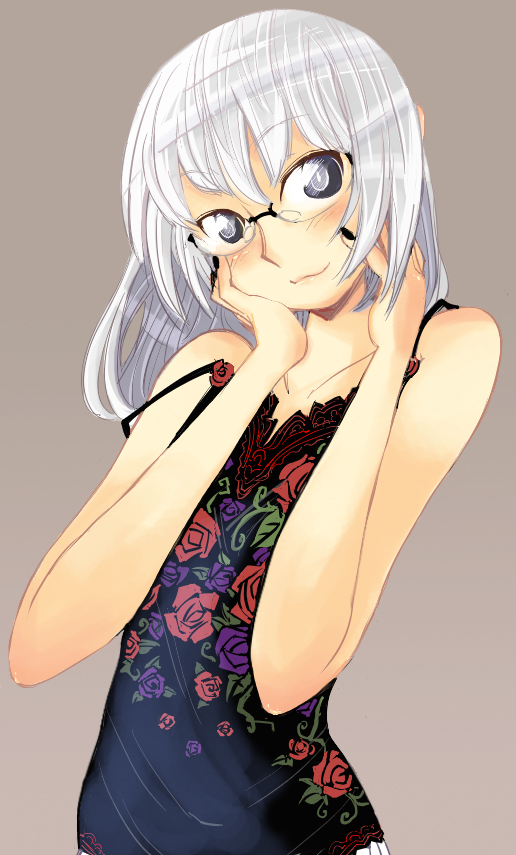 floral_print, fujitama_(pixiv33059), glasses, grey_eyes, hands_on_own_face, original, solo, white_hair