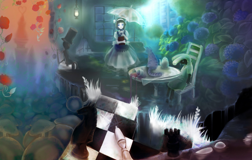 bishop, black_hair, blue_eyes, book, bunny, cat, chair, checkered