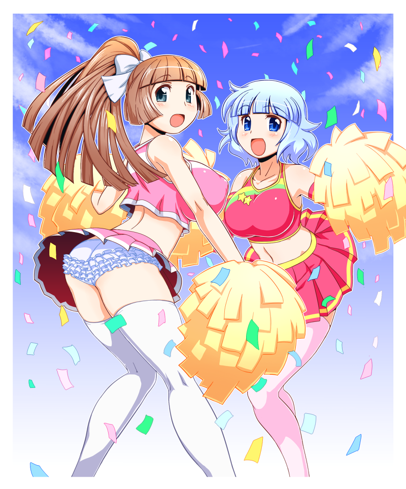 :d, aqua_eyes, ass, blue_eyes, blue_hair, blush, breasts, brown_hair