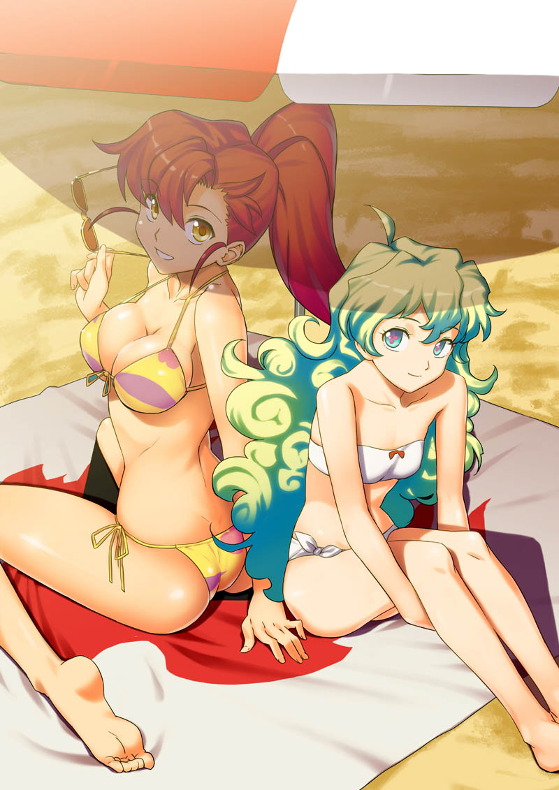 2girls, arm_support, bandeau, barefoot, big_ass, bikini, breasts, butt_crack
