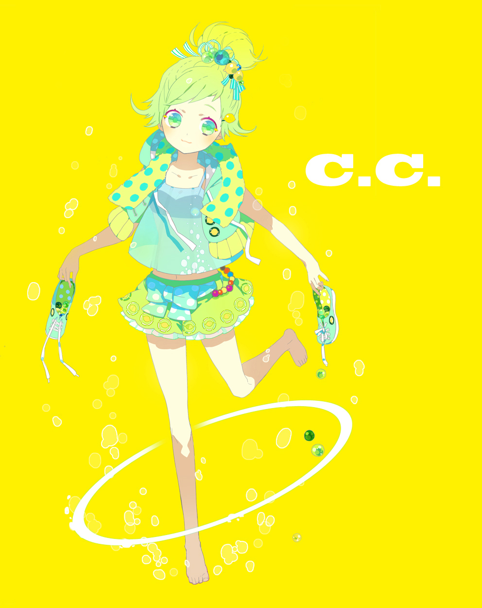barefoot, c.c._lemon, c.c._lemon_(character), gomas, green_eyes, green_hair, highres, ponytail, ribbon, shoes_removed, short_hair, skirt, smile, solo, vest