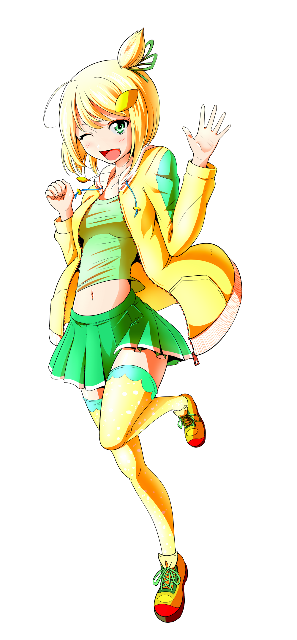 blonde_hair, c.c._lemon, c.c._lemon_(character), food, fruit, green_eyes, hair_ornament, hair_ribbon, highres, jewelry, lemon, midriff, navel, original, pendant, reki_48, ribbon, shoes, short_hair, skirt, solo, thigh-highs, thighhighs, transparent_background, wink, yellow_legwear, zettai_ryouiki