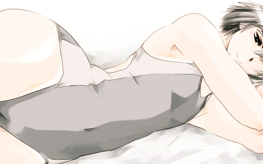 arms_up, bare_shoulders, black_eyes, black_hair, competition_swimsuit, idolmaster, lying, mike156