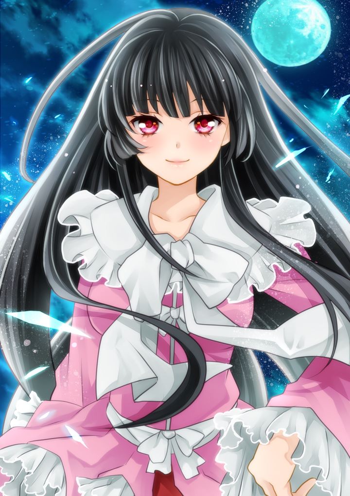 bad_id, black_hair, cloud, clouds, dress, full_moon, hime_cut, houraisan_kaguya
