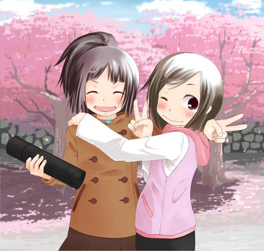 cherry_blossoms, child, choucream_thunder, diploma, graduation, hand_on_another's_upper_body, hand_on_another's_upper_body, hooded_jacket