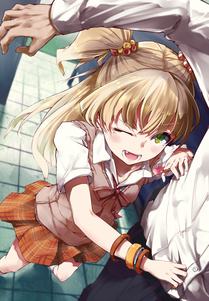 1girl, ;d, aiya, blonde_hair, bracelet, fangs, green_eyes, hair_bobbles