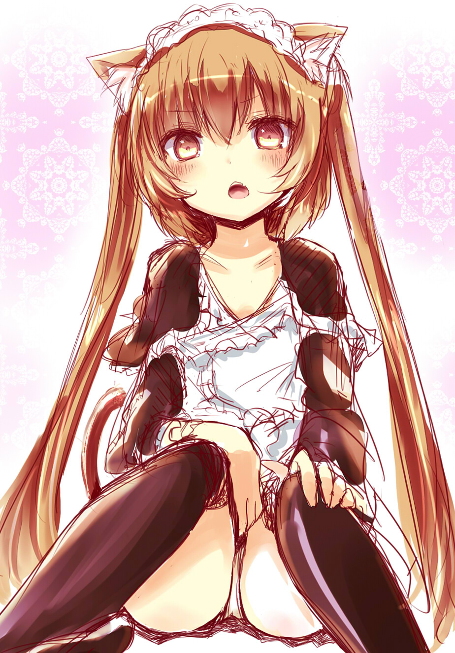 :o, animal_ears, black_legwear, blush, brown_eyes, brown_hair, cat_ears, cat_tail