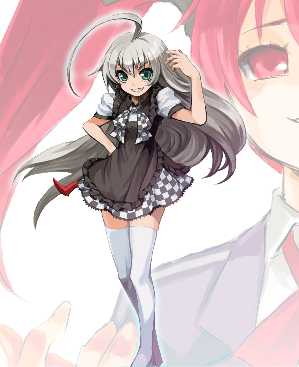 ahoge, checkered, checkered_skirt, crowbar, cthugha_(nyaruko-san), green_eyes, haiyore!_nyaruko-san, haruichi_(artist), highres, long_hair, multiple_girls, nyarlathotep_(nyaruko-san), red_eyes, red_hair, redhead, silver_hair, skirt, thigh-highs, thighhighs, twintails, white_legwear, zettai_ryouiki