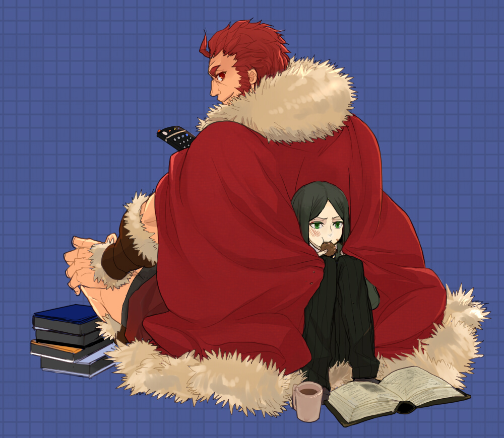 black_hair, blush, book, cape, chihare_27, controller, eating, fate/zero