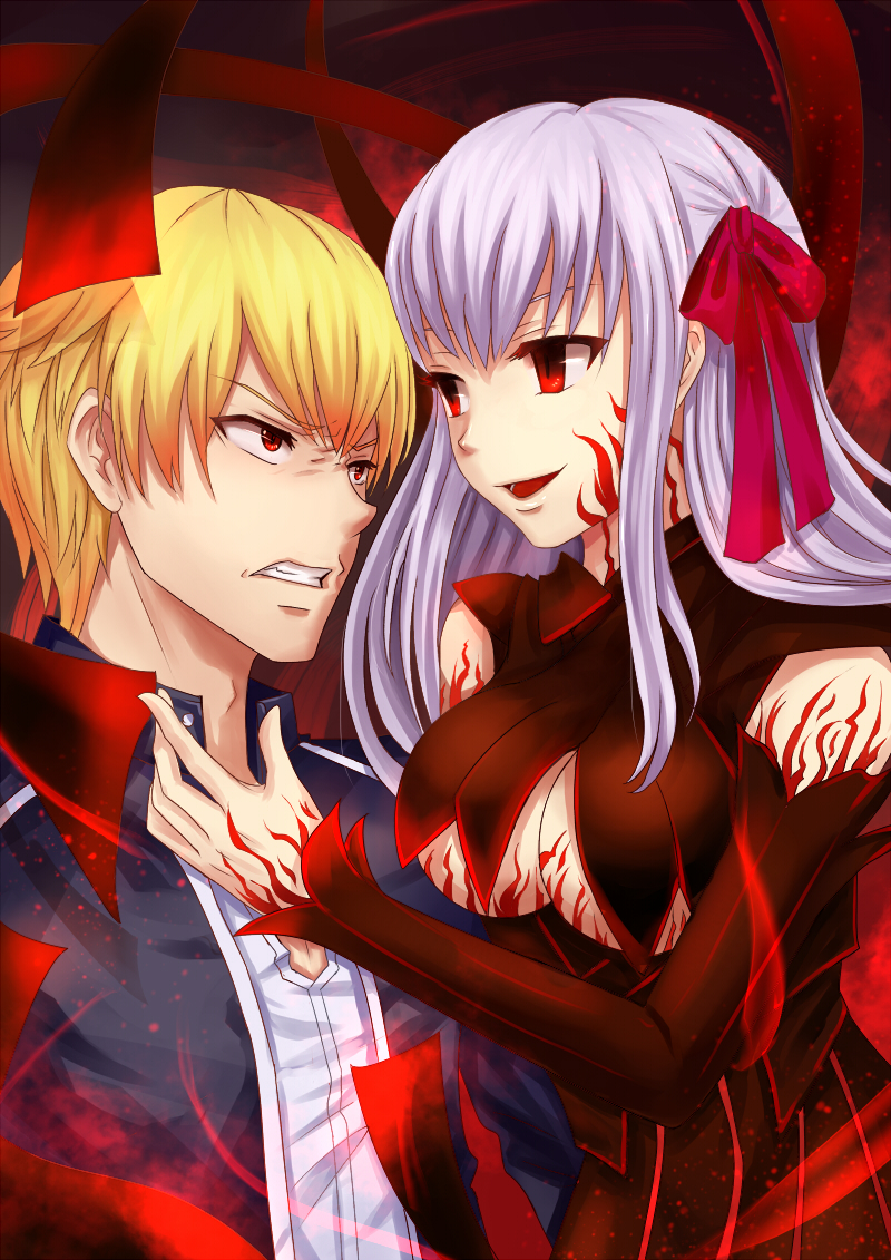 1girl, blonde_hair, breasts, dark_persona, dark_sakura, fate/stay_night, fate_(series), gilgamesh
