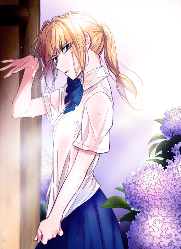 blue_eyes, casual, danbi2021, dress, dripping, fate/zero, fate_(series), flower