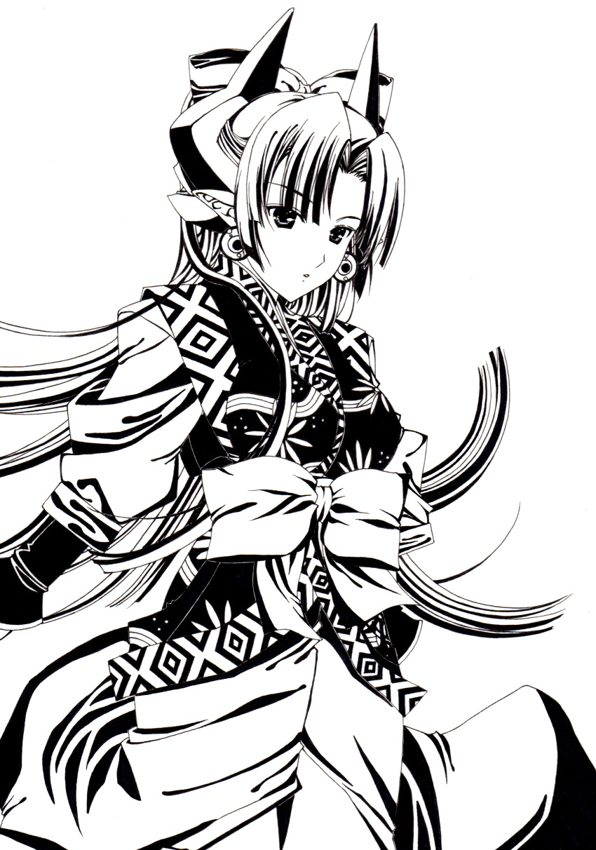 absurdres, copyright_request, fuyou_(shinrabanshou), highres, horns, kasumi_komo, long_hair, monochrome