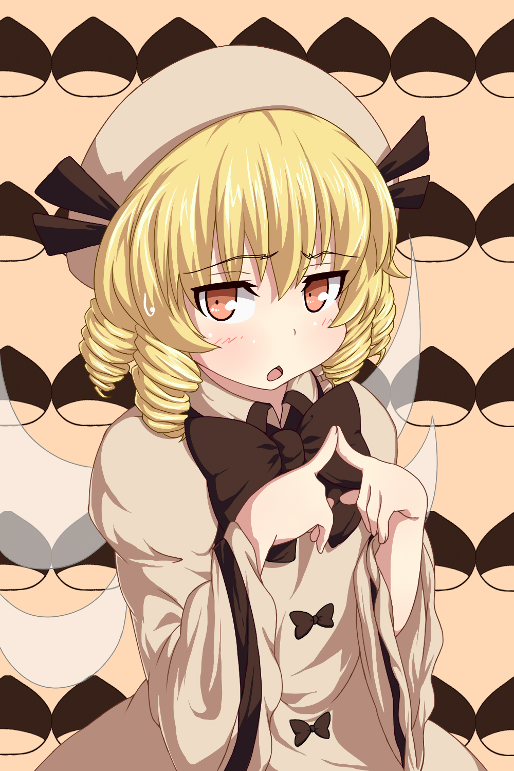 blonde_hair, bow, brown_background, bust, chestnut, chestnut_mouth, dress, drill_hair