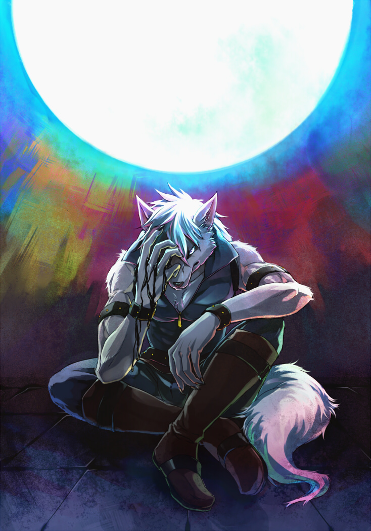 belt, boots, hand_on_own_face, long_hair, male, pants, precure, sitting, sky_(sora_no_gomibako), smile_precure!, solo, werewolf, white_hair, wolfrun