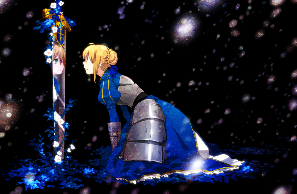 ahoge, armor, armored_dress, blonde_hair, dress, excalibur, fate/zero, fate_(series), faulds, fauls, gauntlets, green_eyes, hair_bun, hair_ribbon, kuduq, planted_sword, planted_weapon, reflection, ribbon, saber, snowing, solo, sword, vines, weapon
