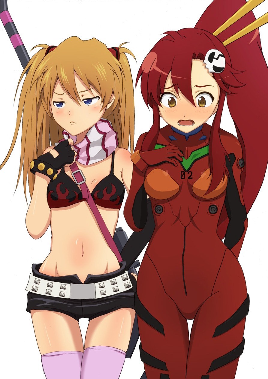 bikini_top, blue_eyes, blush, bodysuit, brown_hair, cosplay, costume_switch, crossover