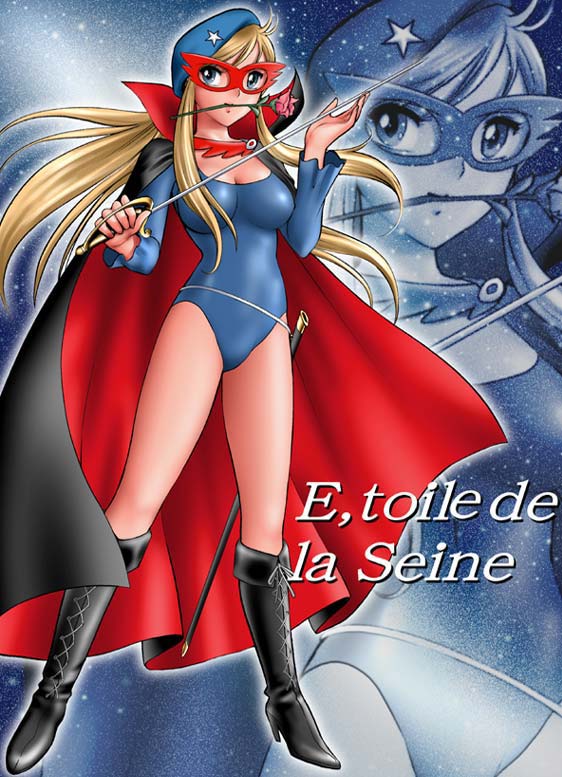 beret, blonde_hair, boots, breasts, cape, d-2girls, flower, french