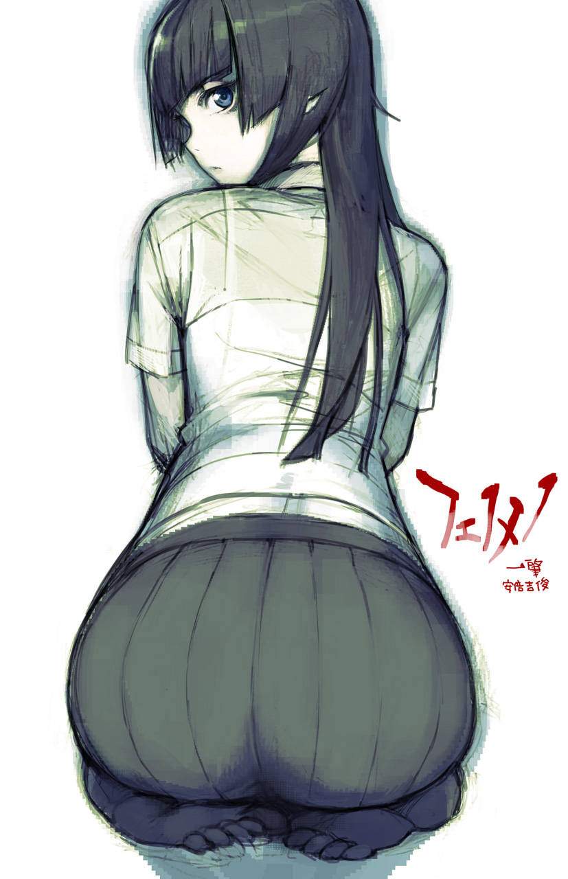 ass, bangs, black_hair, black_legwear, blue_eyes, blunt_bangs, from_behind, highres