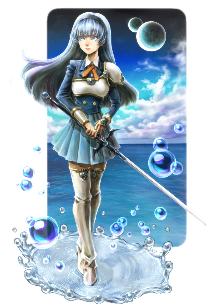 1girl, armor, armored_dress, bangs, blazer, blue, blue_eyes, blue_hair