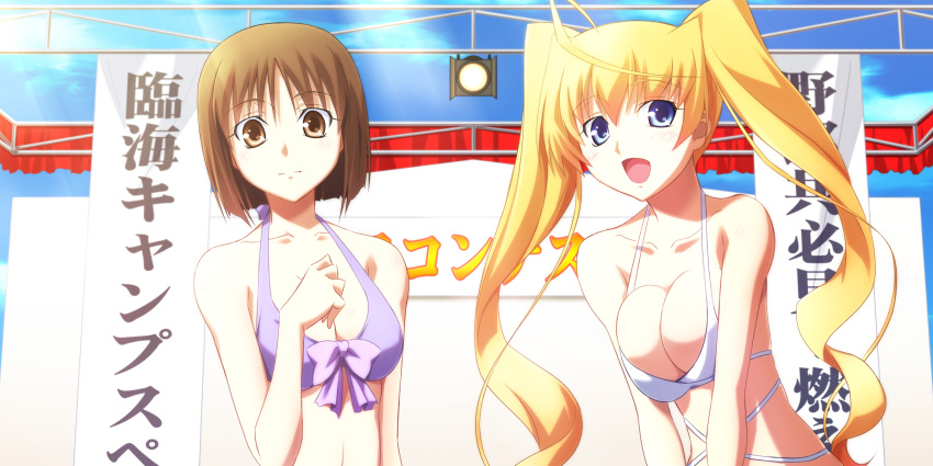 2girls, bikini, blonde_hair, brown_hair, cleavage, game_cg, izumi_mahiru, ophelia_uriela_diefenbaker, shijima_maki, soranica_ele, swimsuit, twintails