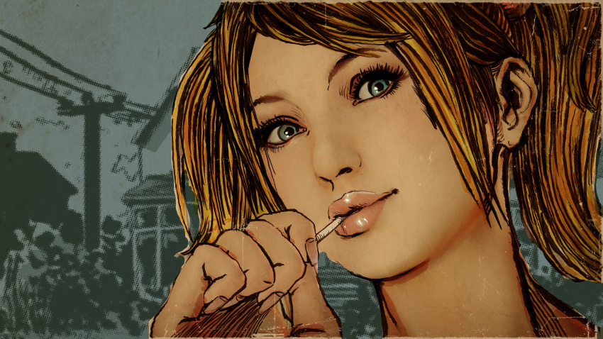 1girl, blonde_hair, blue_eyes, close, juliet_starling, lollipop, lollipop_chainsaw, official_art