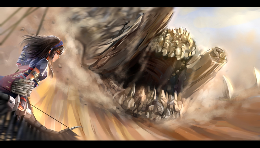 armor, black_hair, bow_(weapon), gloves, jhen_mohran, jhen_mohran_(armor), letterboxed, monster_hunter
