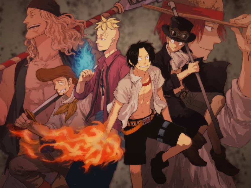 4boys, 6+boys, beads, belt, black_hair, black_shoes, black_shorts, blonde_hair, blue_fire, brother, brothers, closed_eyes, cravat, edward_newgate, eyes_closed, facial_hair, fire, freckles, grin, ha_(pixiv57253), halberd, hat, highres, jewelry, male, marco, multiple_boys, muscle, necklace, one_piece, pole, polearm, portgas_d_ace, sabo_(one_piece), sash, scar, shanks, short_hair, shorts, siblings, smile, straw_hat, sword, tattoo, thatch, time_paradox, top_hat, weapon, young