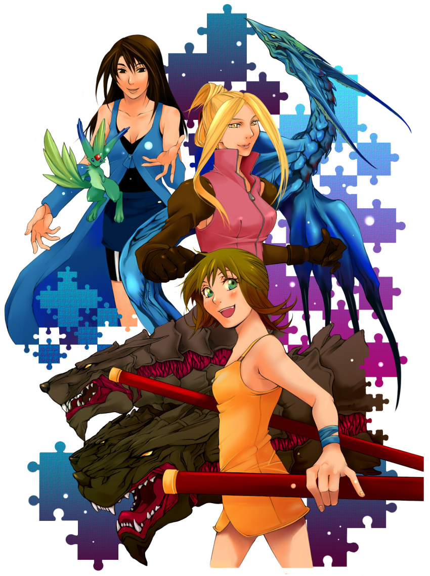 :d, aqua_eyes, arm_warmers, blonde_hair, breasts, brown_eyes, brown_hair, carbuncle
