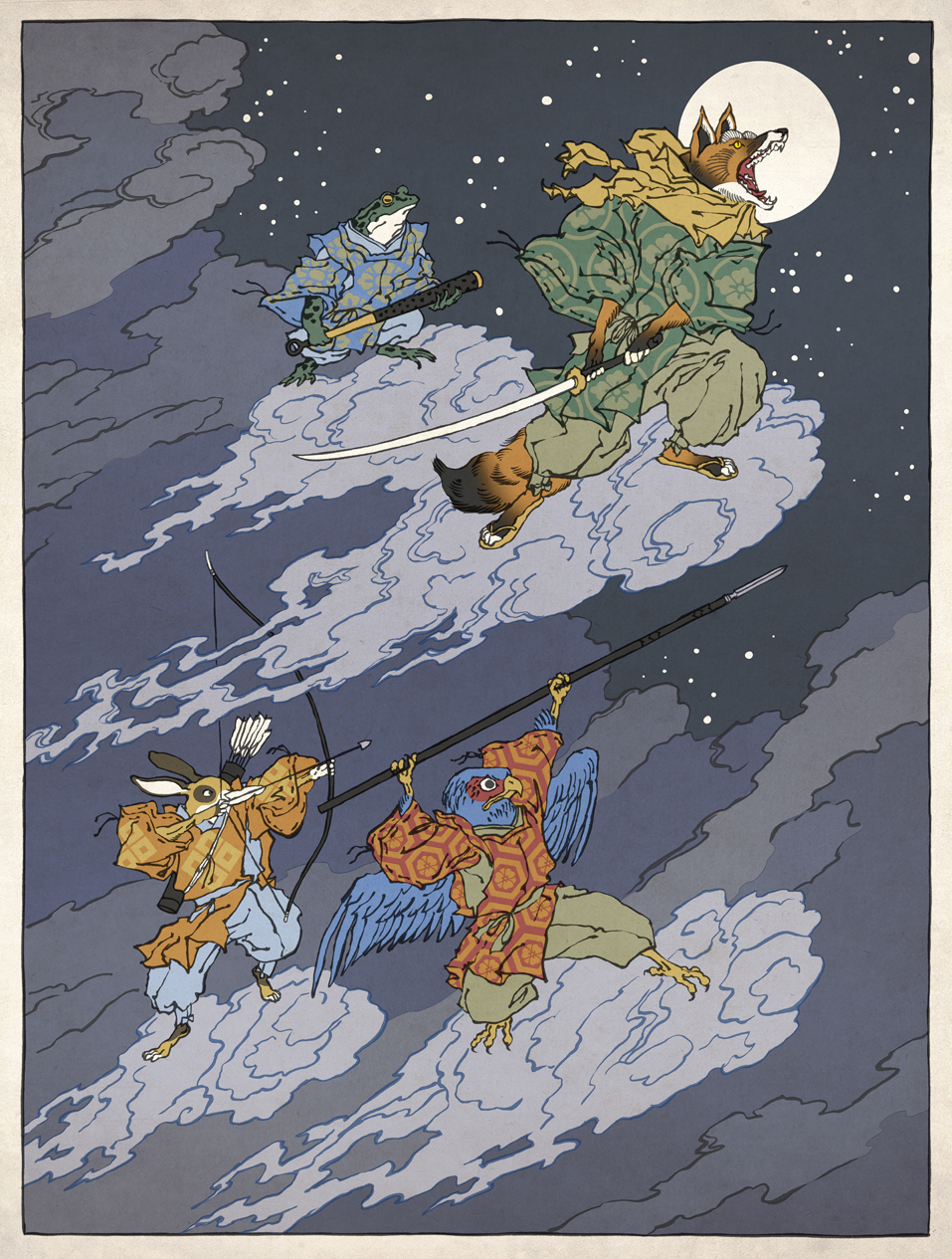 bird, bow_(weapon), bunny, cloud, clouds, club, falco_lombardi, falcon, fine_art_parody, flying, fox, fox_mccloud, frog, full_moon, furry, highres, japanese_clothes, jed_henry, kanabou, katana, moon, night, nihonga, open_mouth, parody, peppy_hare, polearm, rabbit, sky, slippy_toad, spear, star_(sky), star_fox, starry_sky, sword, ukiyo-e, weapon